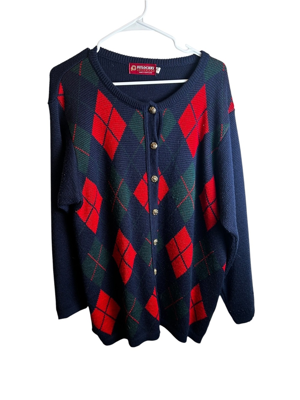 Vintage Pitlochry Knitwear Scotland Argyle Wool Blend Cardigan Woman’s Large